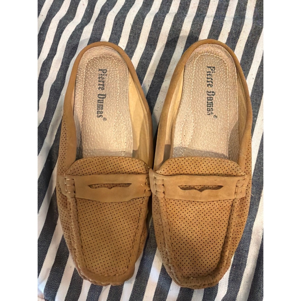 Pierre Dumas Tan Perforated Penny Loafer Mules Womens Size 7 Slip On Flat Shoes